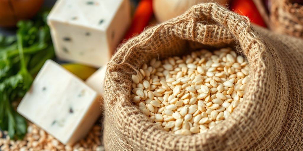 Burlap sack of sesame seeds with plant-based foods