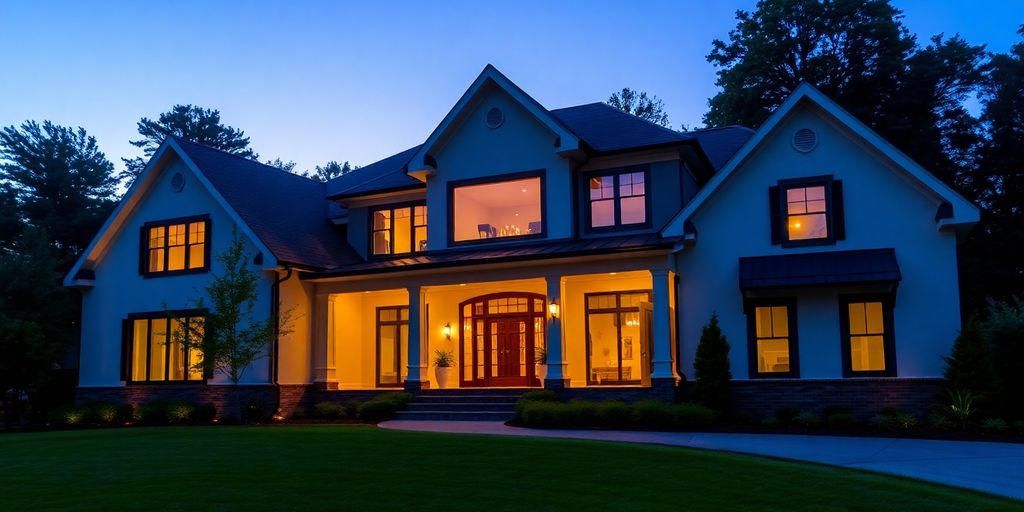 Modern custom home, warm interior lights