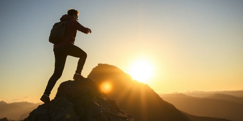 Climber ascending a mountain at sunset.