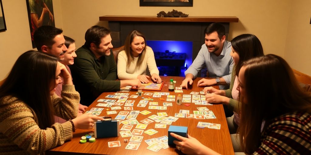 Familien und Freunde spielen Gesellschaftsspiele an einem Tisch.