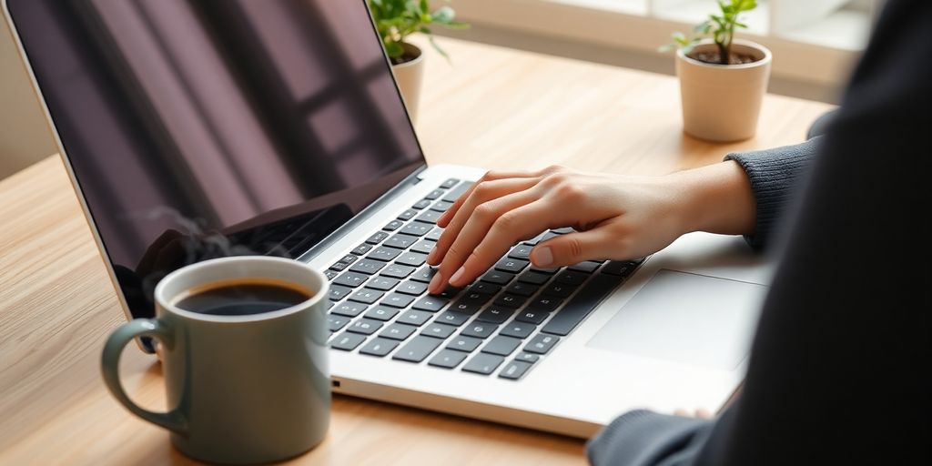 Laptop, coffee, and green plant on a wooden desk.
