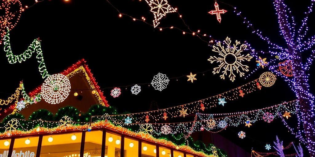 Commercial Christmas lights illuminating a building exterior.