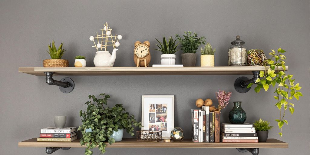 Industrial hanging pipe shelf with decor and plants.