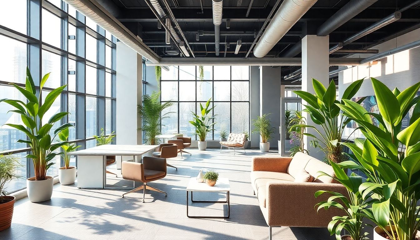 Modern office with sleek furniture and vibrant plants.