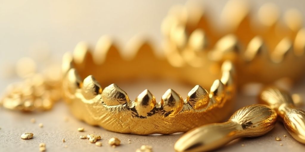 Différents morceaux d'or dentaire brillants.