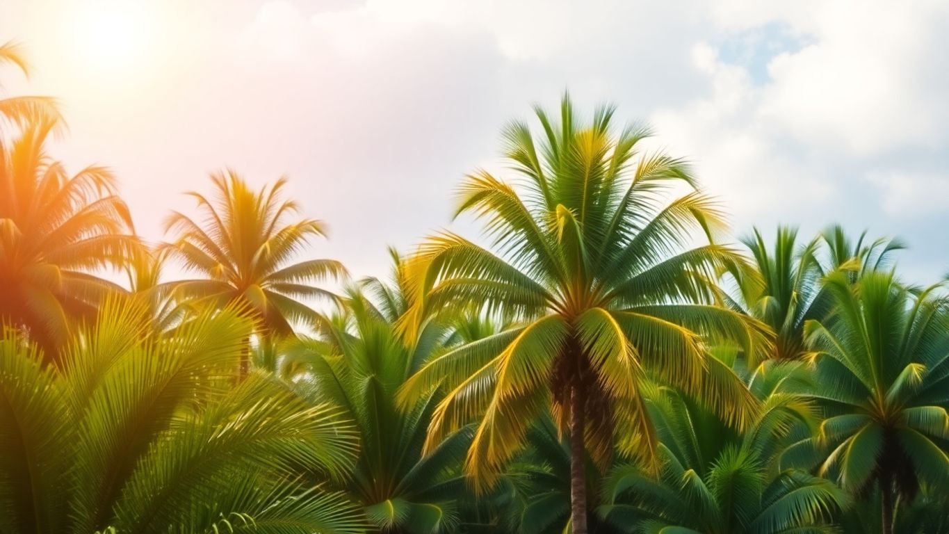 Vibrant tropical scene with palm trees.