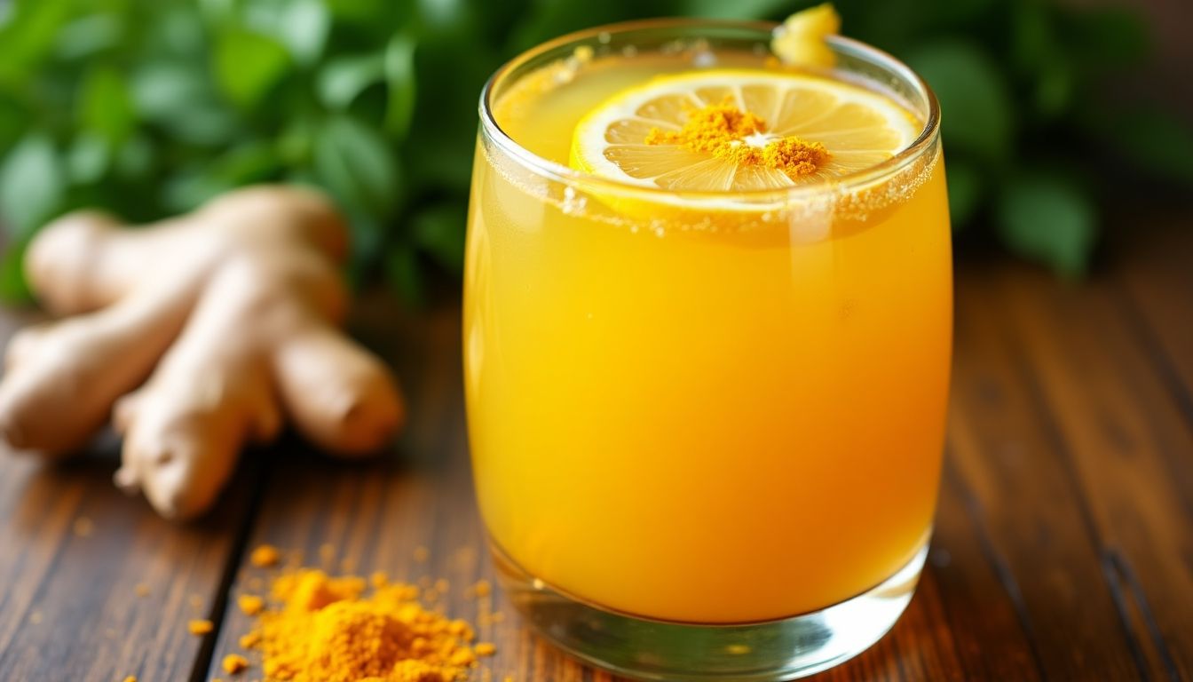 Ginger and Turmeric Elixir in a glass with lemon slice.