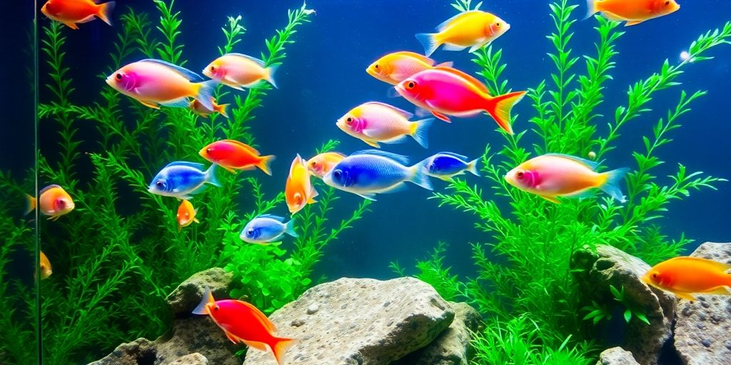 Peces de acuario coloridos nadando entre plantas y rocas.