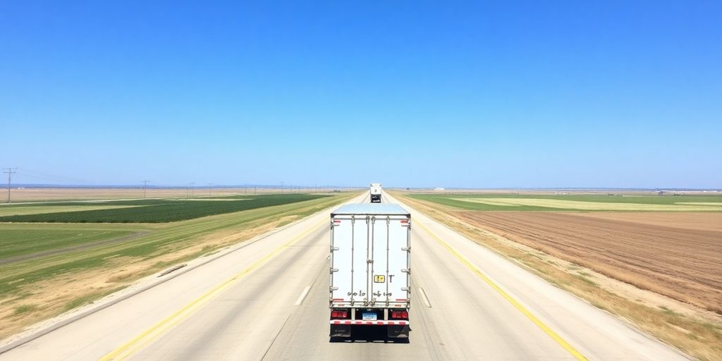 Truck on a highway surrounded by open fields and sky.
