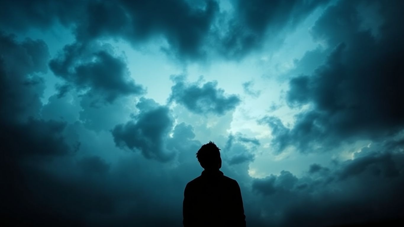 Céu nublado com silhueta de pessoa contemplativa.