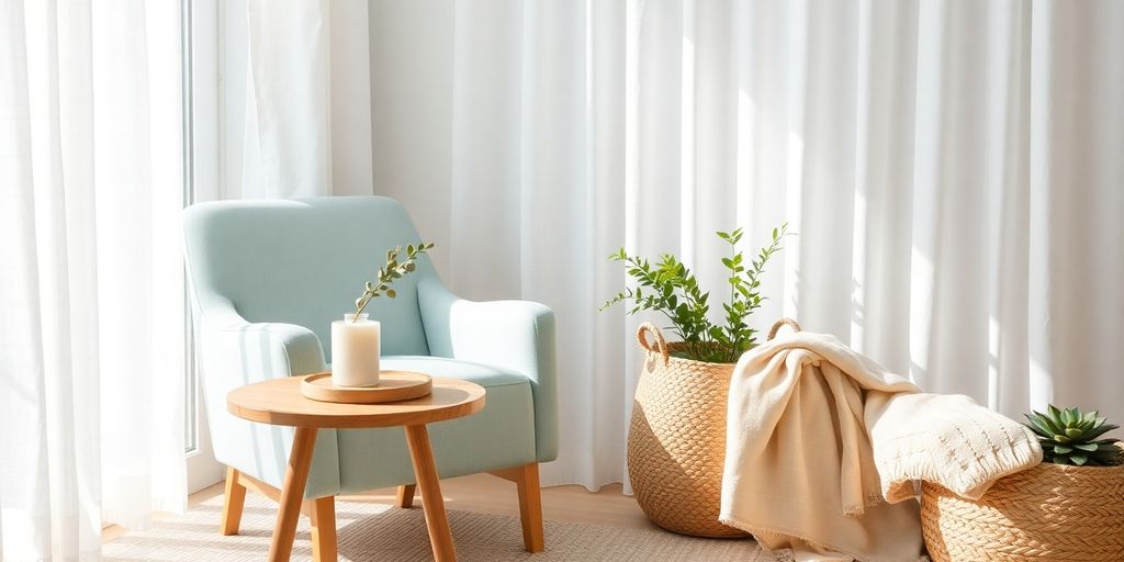 Pastel-blue armchair beside wooden table with candle and potted plants