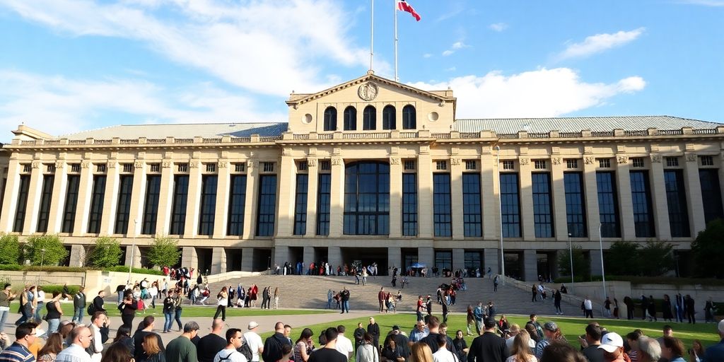 Australian Parliament building with diverse citizens.