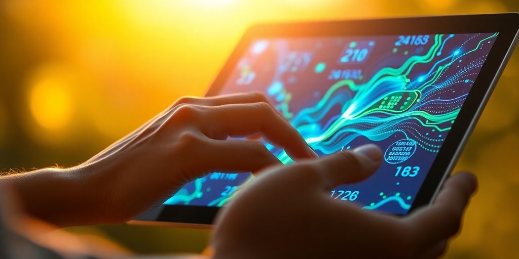 Person observing glowing digital stock market data.