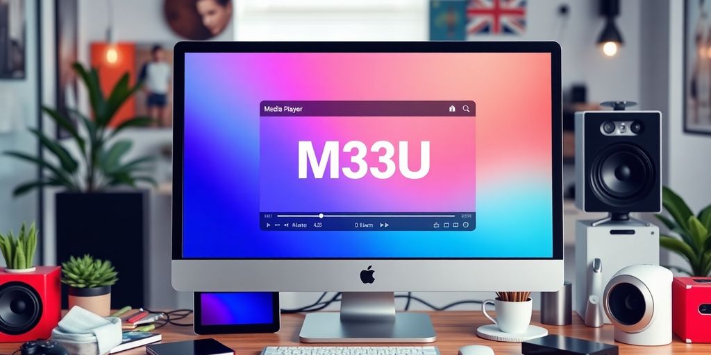 Computer screen showing media player and tech gadgets.