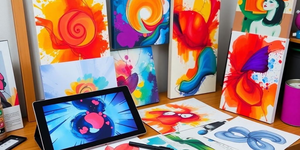 Colorful digital art displayed in an artist's workspace.