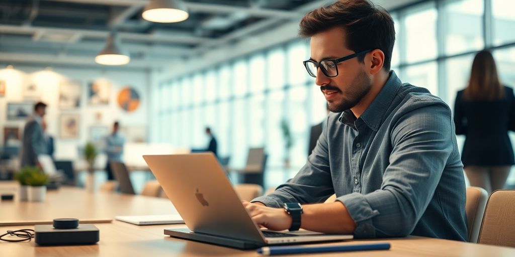 Microsoft Copilot IA: Inovação em Inteligência Artificial Usuário interagindo com o Microsoft Copilot em um laptop.