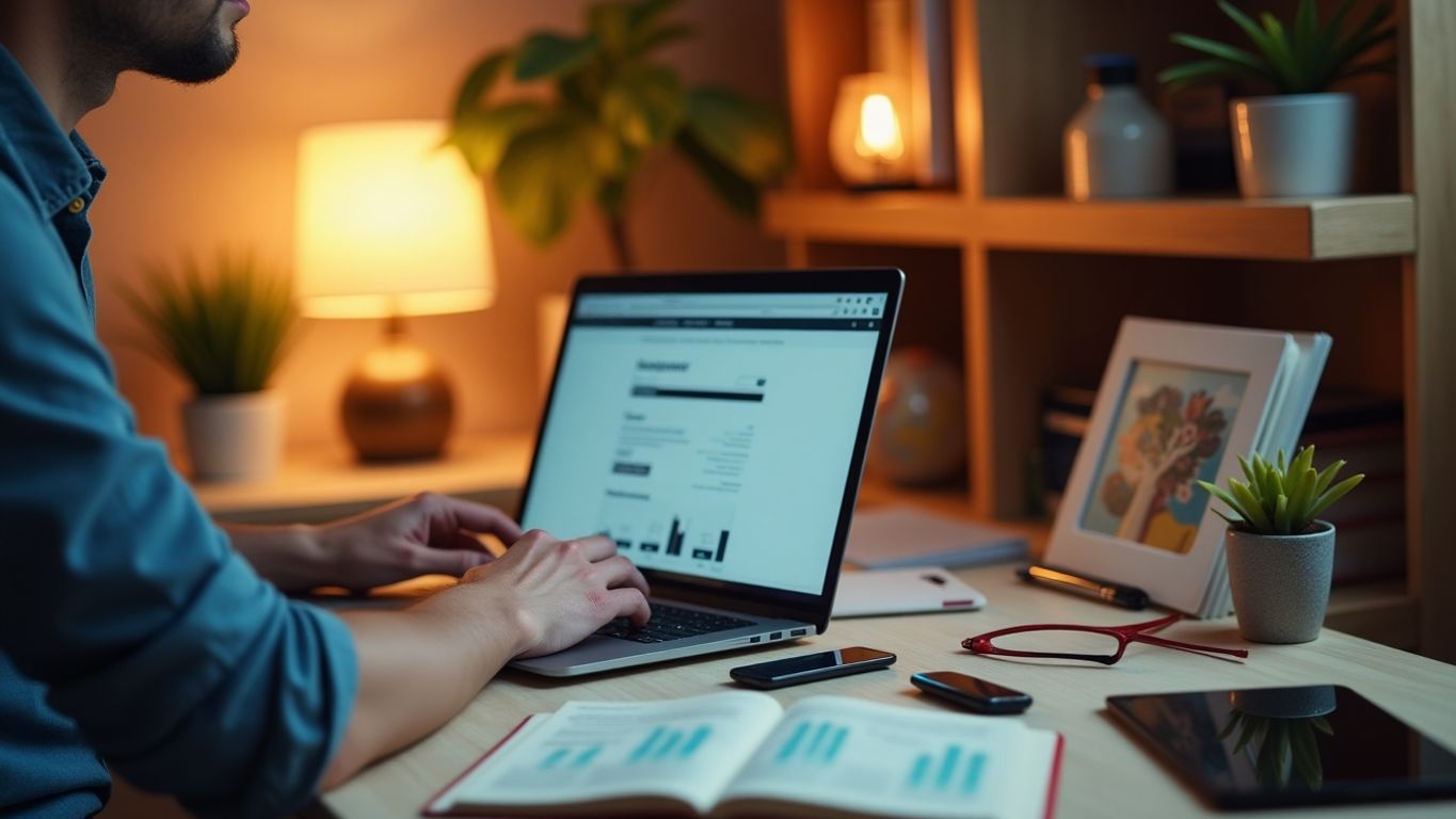 Person working on a laptop in a cozy workspace.