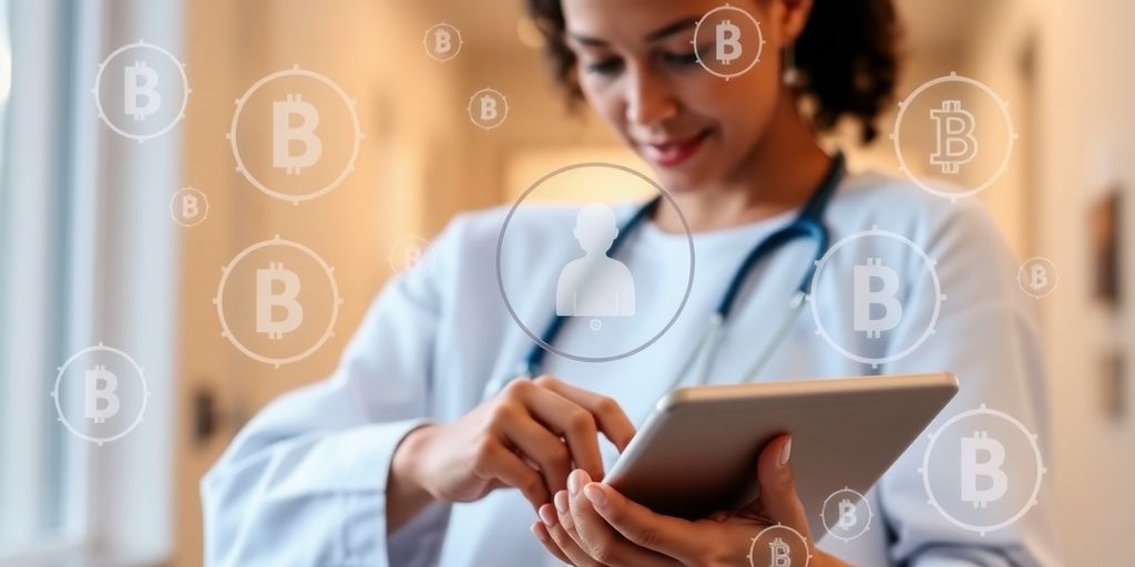 Healthcare worker with digital records and blockchain symbols.