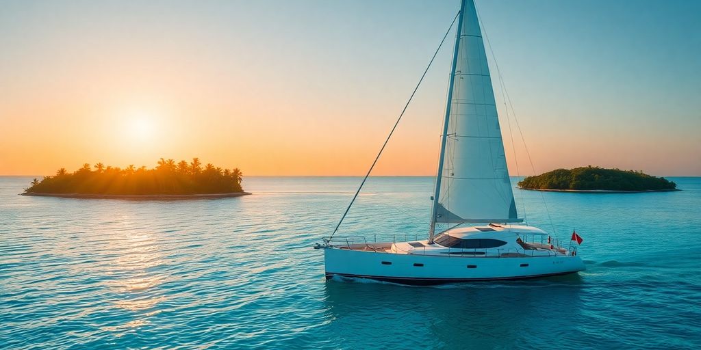 Sailboat on turquoise Caribbean water at sunset.
