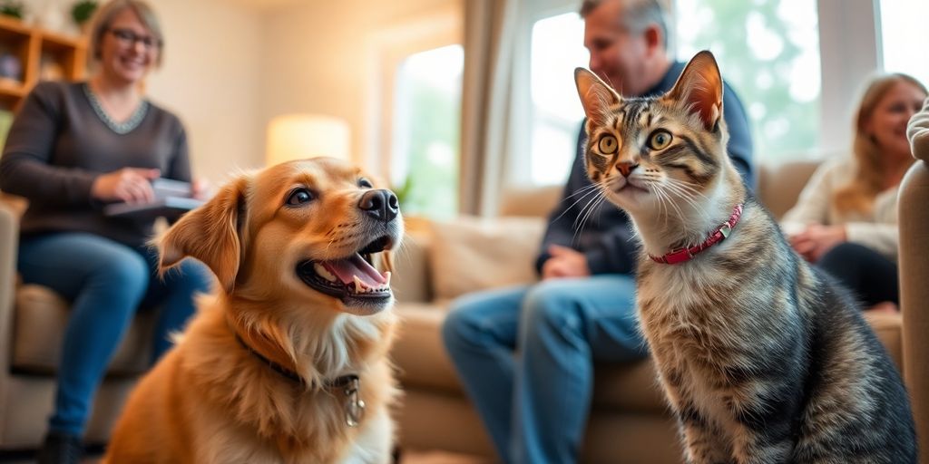 Perro y gato disfrutando de visitas en casa — cómo enseñar a tu mascota a convivir con visitas frecuentes.


