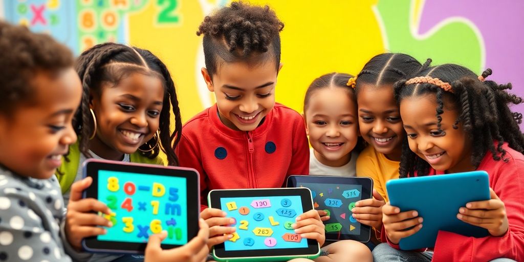 Children happily playing math games on tablets.