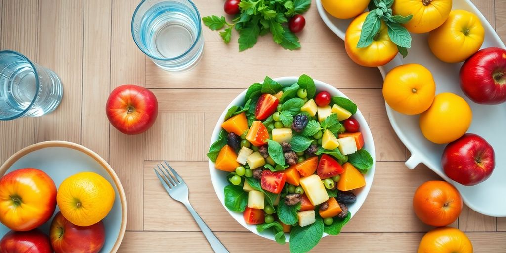طبق سلطة صحي وفواكه متنوعة وماء
