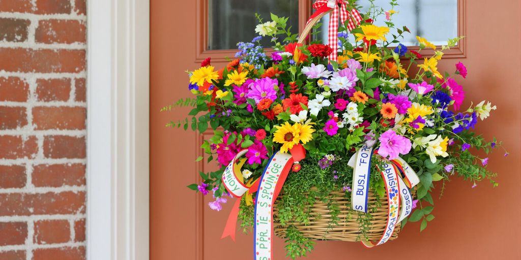 Spring door decor with colorful flower basket.