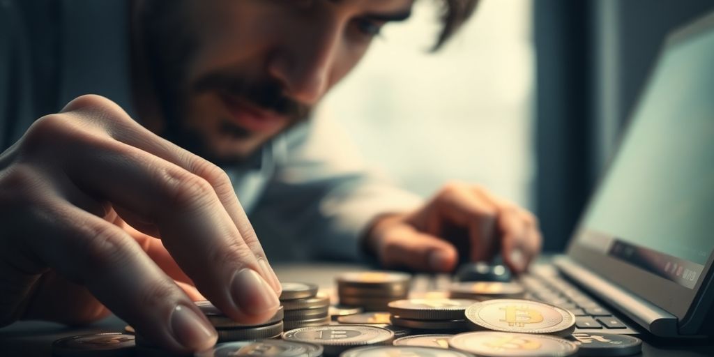 Close-up of coins on a trading table.