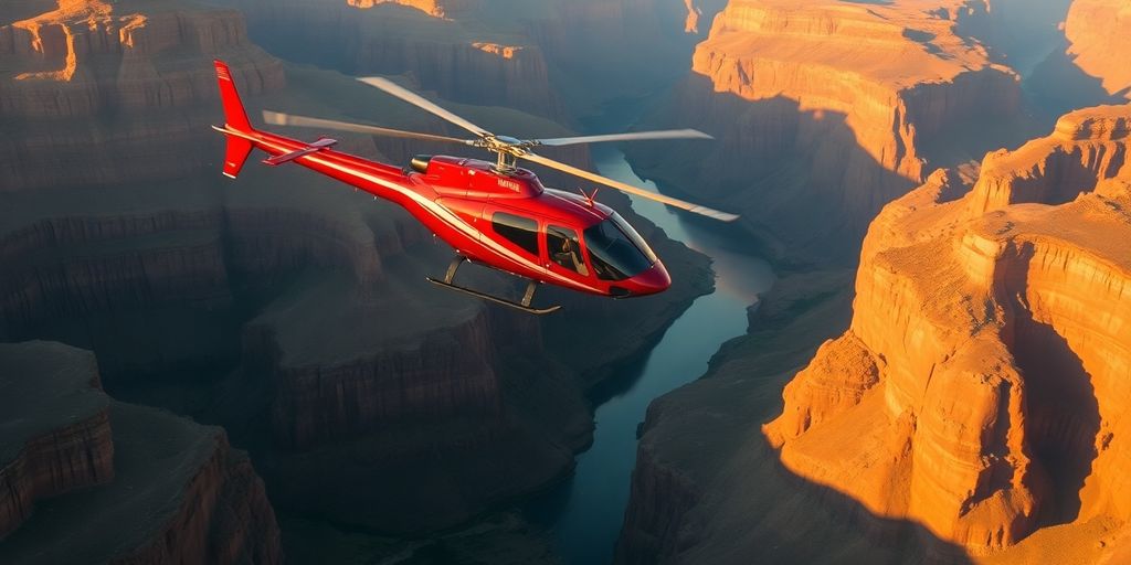 A red Maverick helicopter flying over the Grand Canyon.