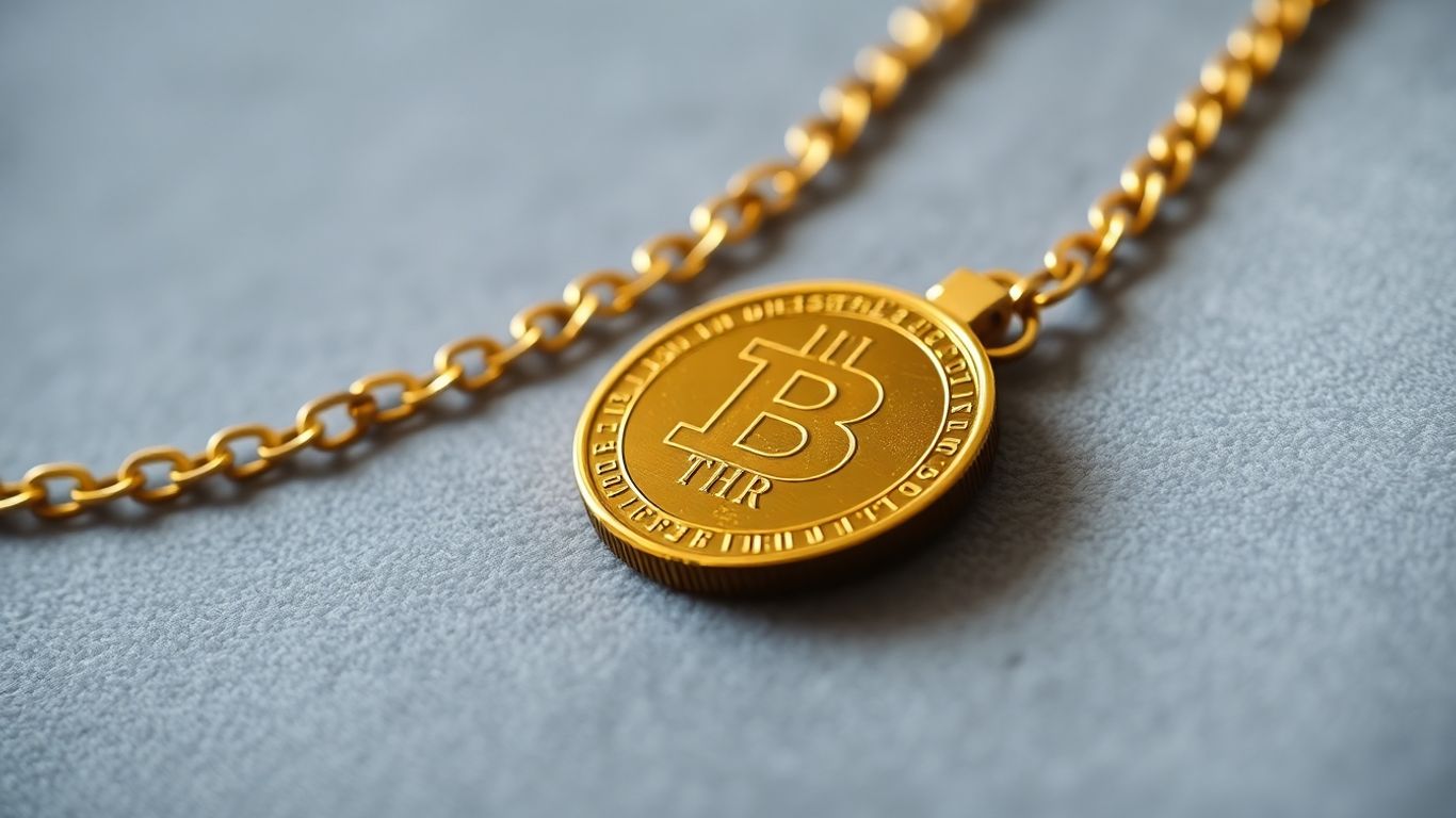 Gold necklace and gold coin on a velvet background.