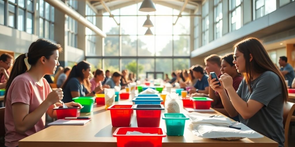 Students eating with reusable containers in a university canteen.