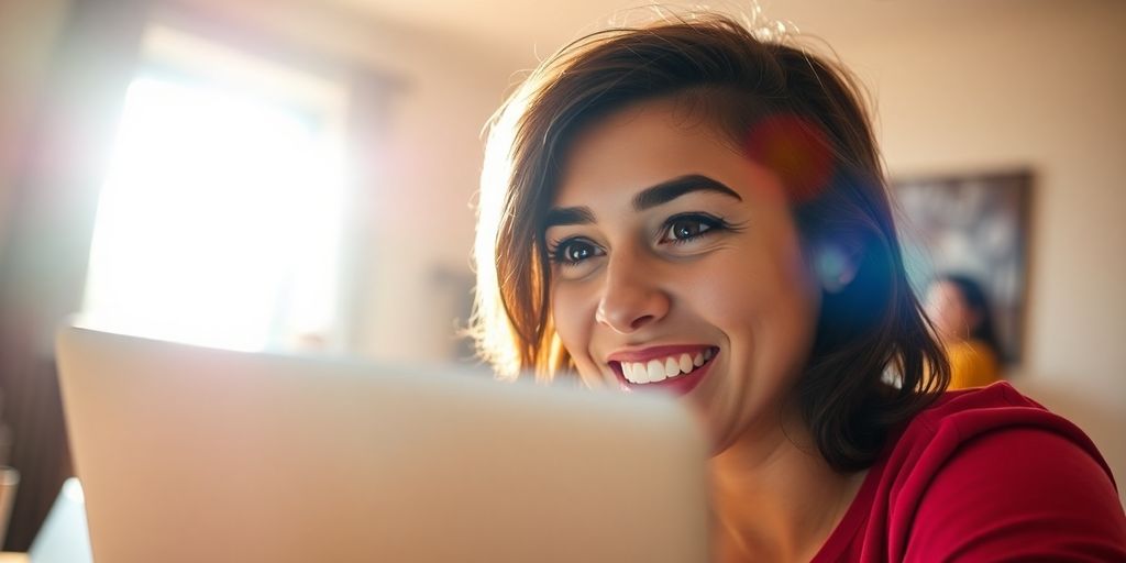 Person joyfully looking at laptop screen.