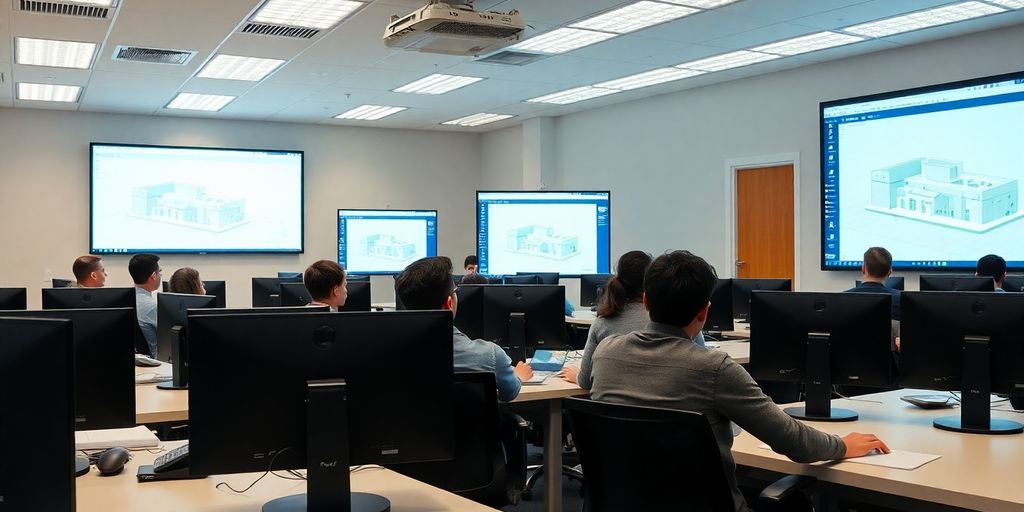 Students learning Revit Architecture in a modern classroom.