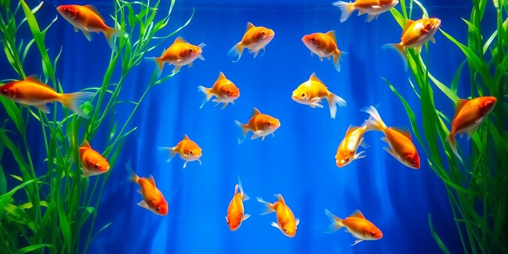 色彩斑斓的金鱼在郁郁葱葱的水族箱环境中游泳。