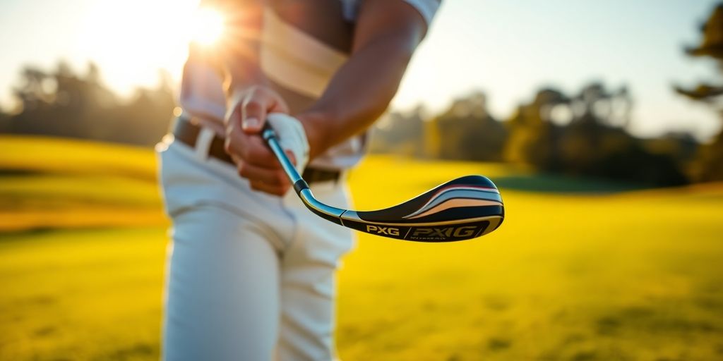 Golfer swinging PXG club on green.