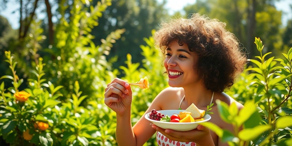 Person enjoying fresh food in a sunny park.