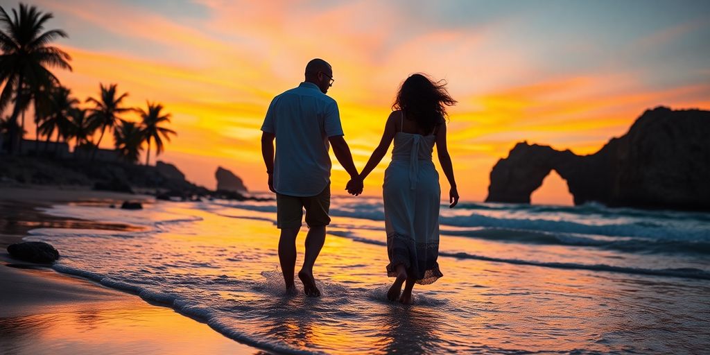 Honeymoon couple on a scenic Cabo beach at sunset.