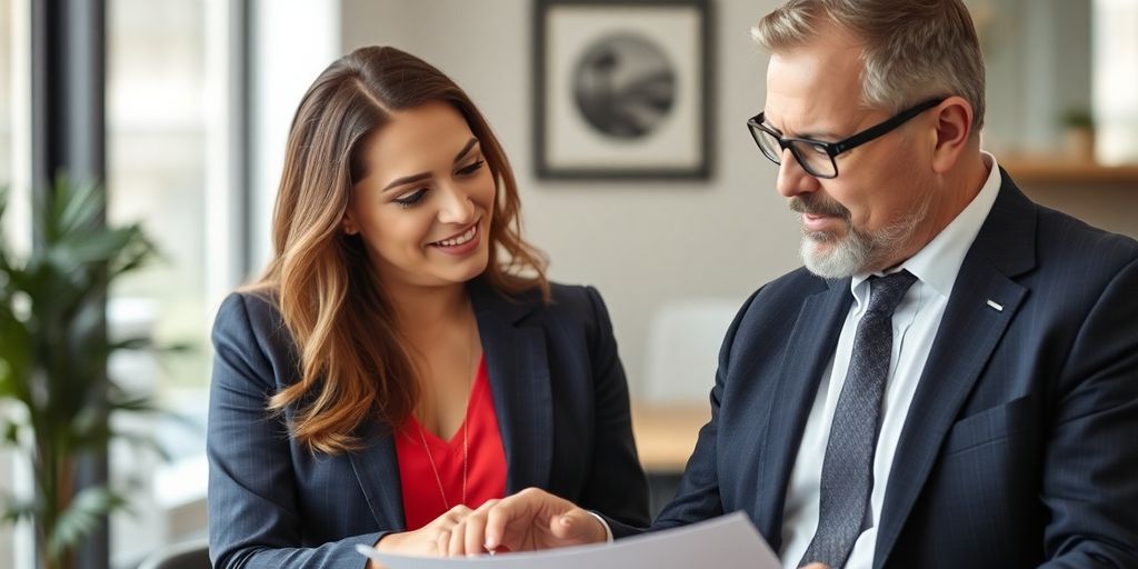Two real estate professionals shaking hands over a desk.