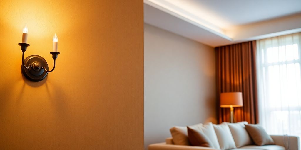 Stylish wall lamp illuminating a cozy UK living room corner.