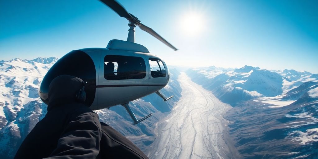 A pilot flies a helicopter over Alaskan glaciers and mountains.
