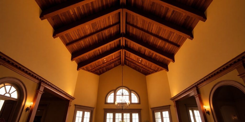 Elegant dining room, vaulted ceiling, warm lighting, architectural details.