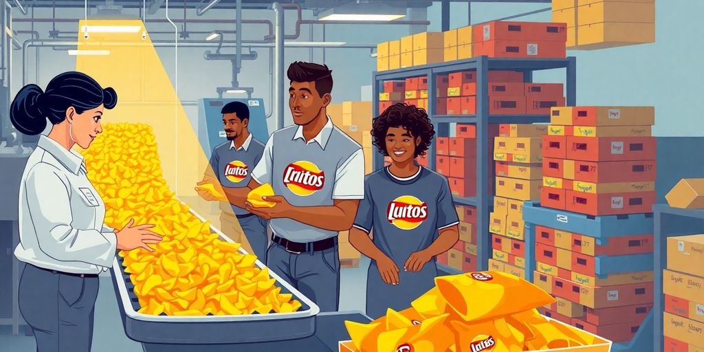 Diverse Frito-Lay workers in uniforms on busy snack production line