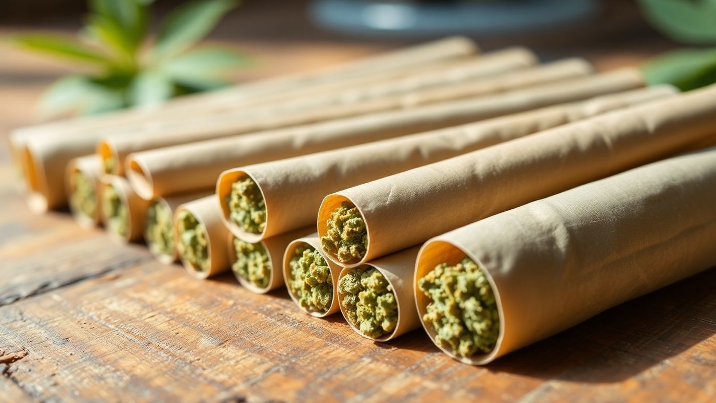 Close-up of affordable THC prerolls on wooden table.