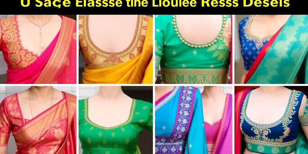 Colorful U shape blouse neck designs for sarees.