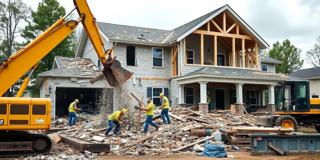 Construction workers demolishing a house with heavy machinery.