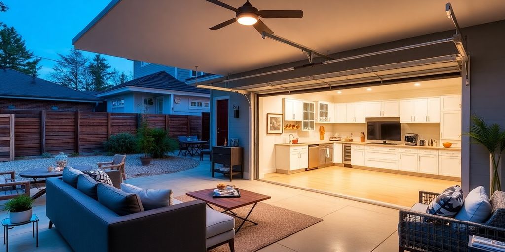 Stylish garage conversion into a cozy living area.
