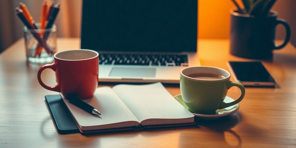 Workspace with notebook, laptop, and coffee cup.