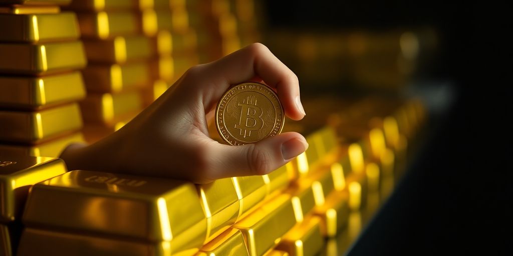 Lingots d'or empilés, main tenant une pièce d'or