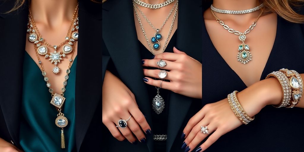 Elegant jewelry matched with trendy outfits for parties.