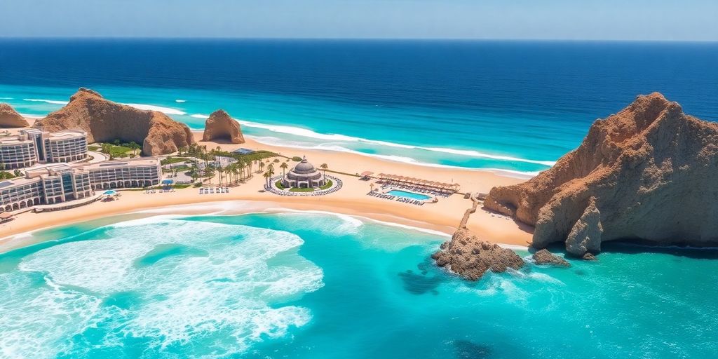 Beautiful beach in Cabo with resorts and clear ocean.
